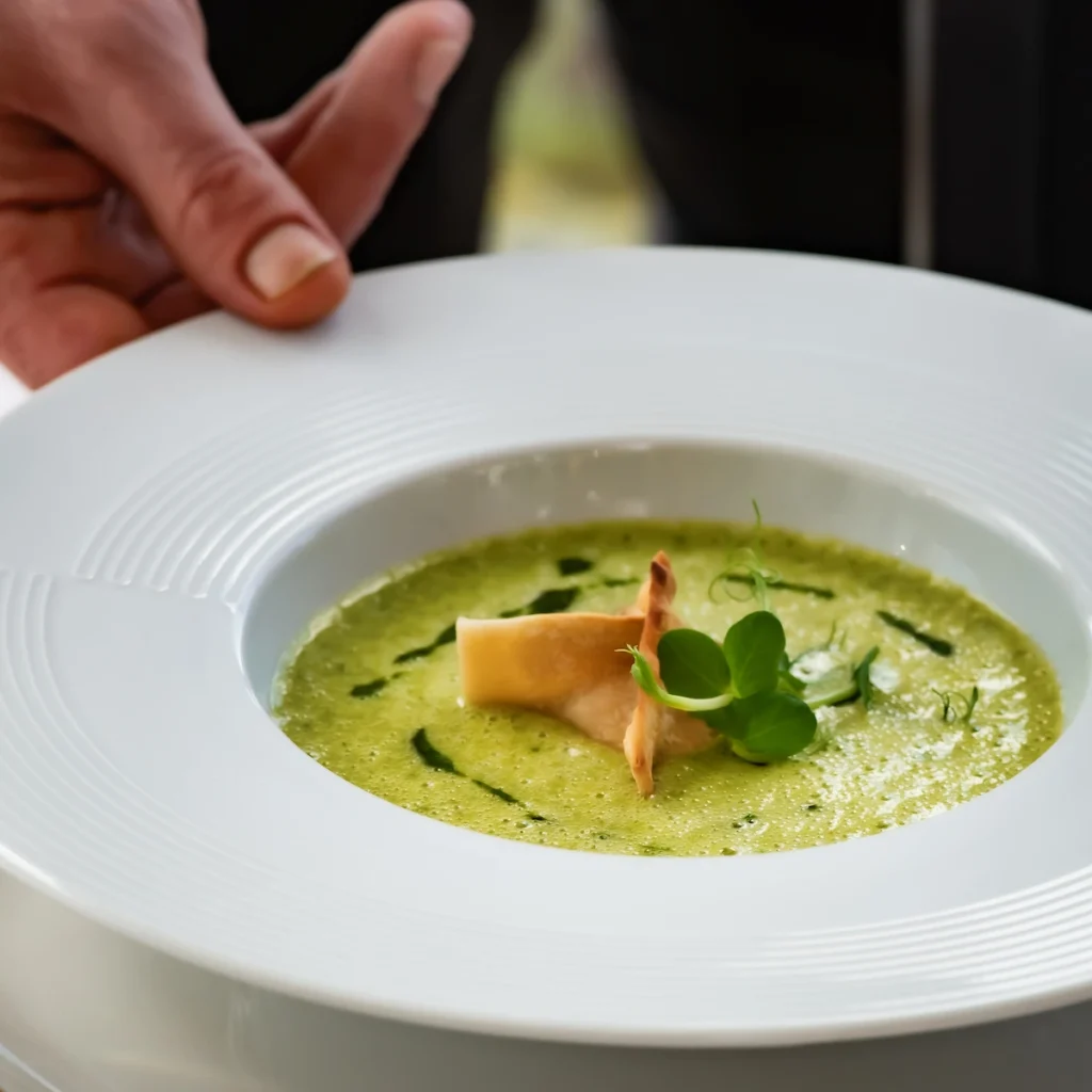 Bärlauchcremesuppe mit Garnitur im Restaurant Birdie in Wels