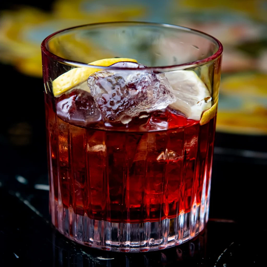 Negroni Cocktail mit Eis und Zitronenzeste im Restaurant Birdie in Wels
